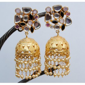 Pink Diamond Pearl  Gold Jhumka Earrings
